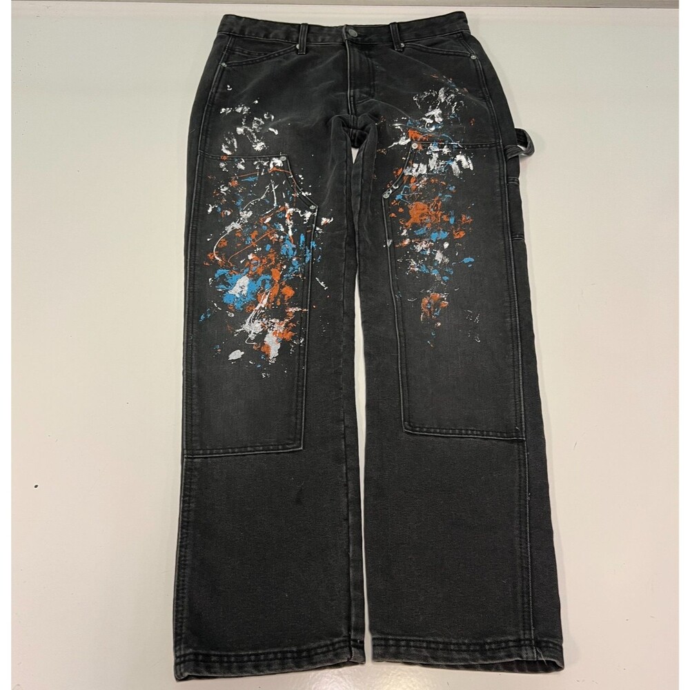 No Boundaries Mens Paint Splatter Carpenter Jeans Black Double Knee Pants 32x30